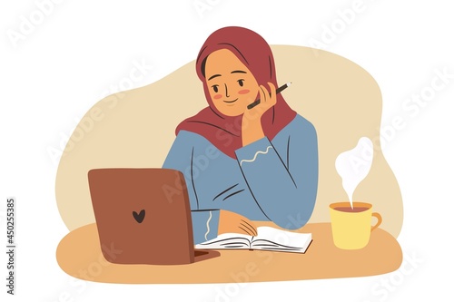 Muslim student girl with laptop studying. Young arab woman in hijab at computer with a cup of tea or coffee. Hand drawn flat illustration.
