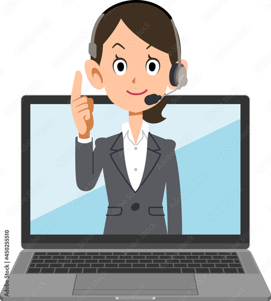 ヘッドセットマイクを着用しオンラインで説明するスーツ姿の女性とノートパソコン
