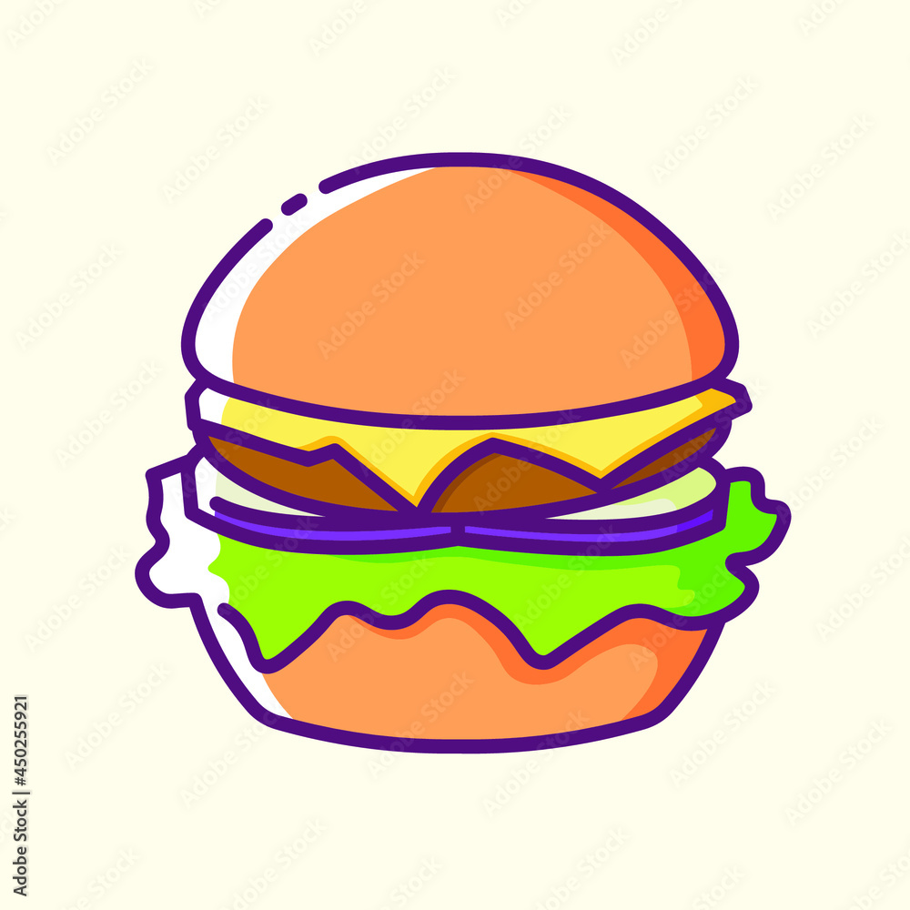 Delicious hamburger colored icon. Collection of signs in different food categories. Symbols for cafe and restaurant decoration. Vector stylish outline flat illustrations on yellow background. Delicious hamburger colored icon. Collection of signs in different food categories. Symbols for cafe and restaurant decoration. Vector stylish outline flat illustrations on yellow background.