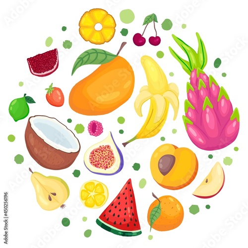 Fototapeta Naklejka Na Ścianę i Meble -  Hand drawn vector. Fruits in round frame. Isolated mango, banana,pineapple,strawberry,watermelon,peach,pear,pomergranate,lime,fig