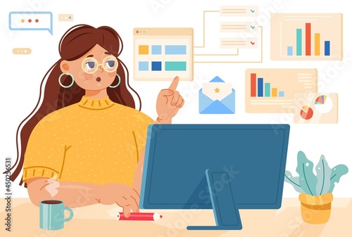 Young woman multitasking concept. Content manager working online at the computer,laptop.Freelance worker busy with email marketing analysis.Time management.Home office. Creative business illustration