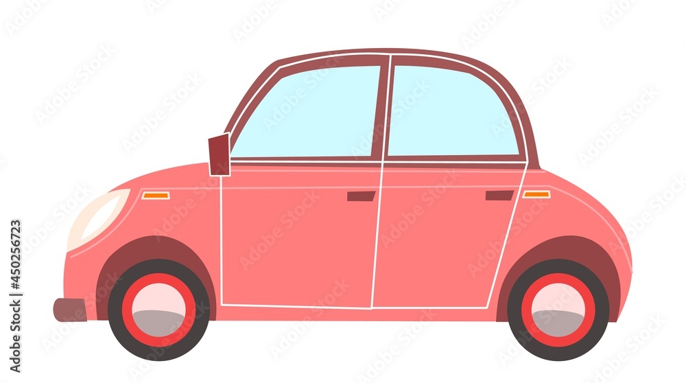 Car. Cartoon comic funny style. Side view. Beautiful retro Automobile. Auto in flat design. Childrens illustration. Object is isolated on white background. Vector