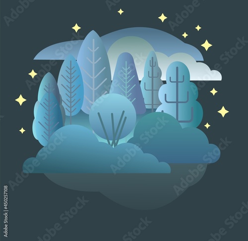 Night forest. Starry sky. Summer landscape. Flat style. Vector