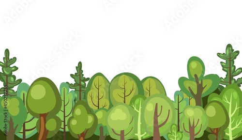 Flat forest. Illustration in a simple symbolic style. Funny green rural landscape. Comic design. Wild thickets. Cute scene with trees. Isolated Cartoon Vector