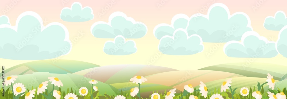 Fototapeta premium Flower chamomile meadow. Rural landscape with garden farmer hills and clouds. Cute funny cartoon design. Horizontally seamless illustration. Flat style. Vector