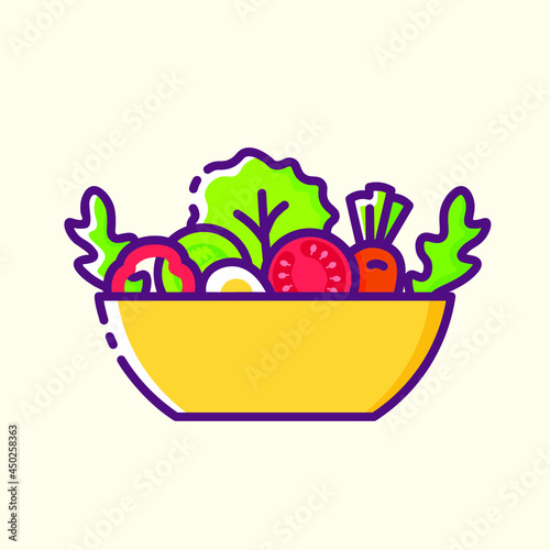 Salad as a symbol of healthy eating colored icon. Collection of signs in different food categories. Symbols for cafe and restaurant decoration. Vector stylish outline illustration on yellow background
