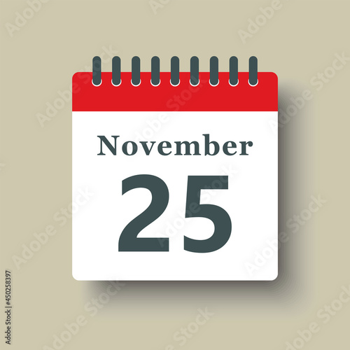 Icon day date 25 November, template calendar page