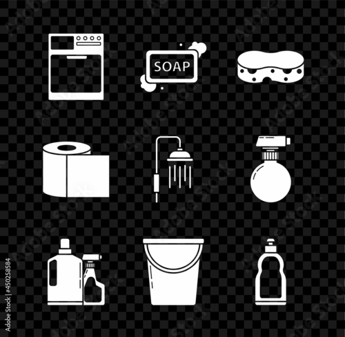 Set Washer, Bar of soap with foam, Sponge, Plastic bottles for liquid dishwashing liquid, Bucket, Toilet paper roll and Shower head water drops flowing icon. Vector
