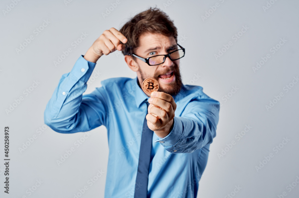 business man in shirt with tie cryptocurrency bitcoin calculator technology business man in shirt with tie cryptocurrency bitcoin calculator technology