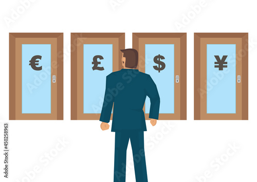 Businessman thinking which door to go into with different currency symbols.