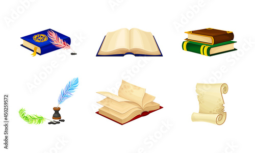 Old Books in Hard Cover with Pages and Scrolls with Quill Vector Set