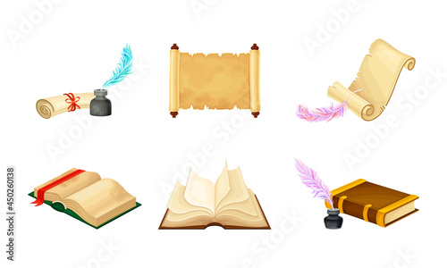 Old Books in Hard Cover with Pages and Scrolls with Quill Vector Set