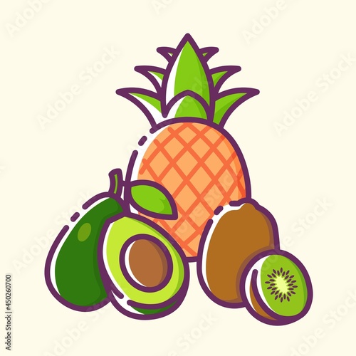 Set of tropical fruit. Pineapple  kiwi and avocado colored icon. Collection of signs in different food categories.  Vector stylish outline illustrations on yellow background.