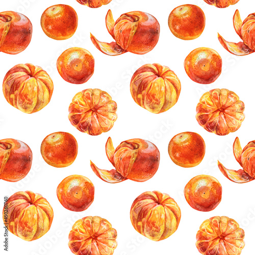 Seamless pattern watercolor citrus fruit orange peel the tangerine on white background. Hand-drawn food for winter or summer, christmas object for menu, wrapping, wallpaper, notebook