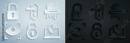 Set Lock, Paper shredder confidential, Eye scan, Laptop protected with shield, Door handle and Open padlock icon. Vector