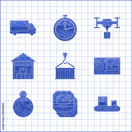 Set Container on crane, Pizza cardboard box, Conveyor belt with, Postcard, Worldwide, Warehouse, Delivery drone the package and cargo truck vehicle icon. Vector