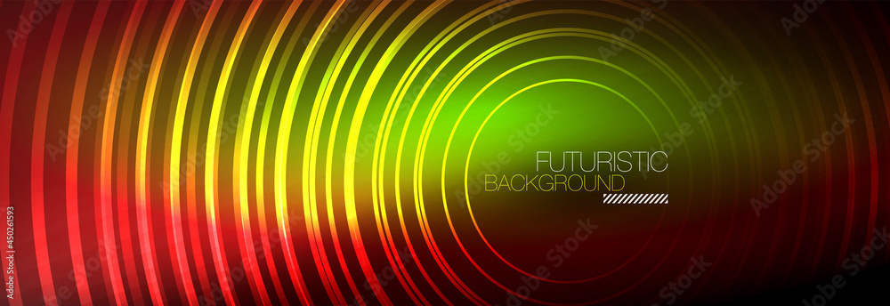 Dark abstract background with glowing neon circles. Trendy layout template for business or technology presentation, internet poster or web brochure cover, wallpaper Dark abstract background with glowing neon circles. Trendy layout template for business or technology presentation, internet poster or web brochure cover, wallpaper
