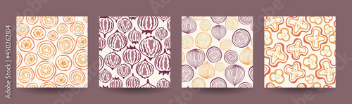A collection of seamless patterns from vegetable slices. Carrots, beets, onions, peppers. A set of endless prints of vintage vegetables.