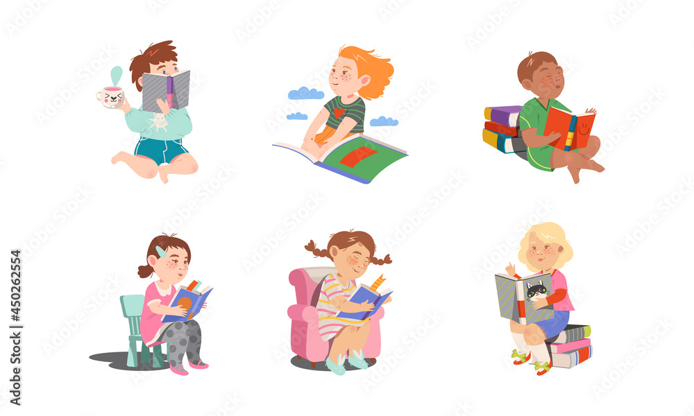 Interested Kids Sitting with Open Book and Reading Vector Set Interested Kids Sitting with Open Book and Reading Vector Set