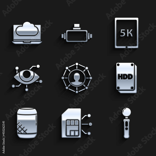 Set Project team base, Sim card, Gamepad, Hard disk drive HDD, Voice assistant, Virtual reality, Tablet with text 5k and Cloud technology data transfer and storage icon. Vector