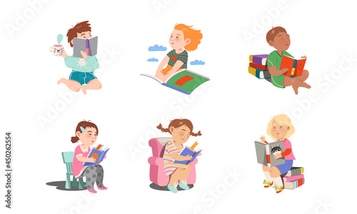 Interested Kids Sitting with Open Book and Reading Vector Set