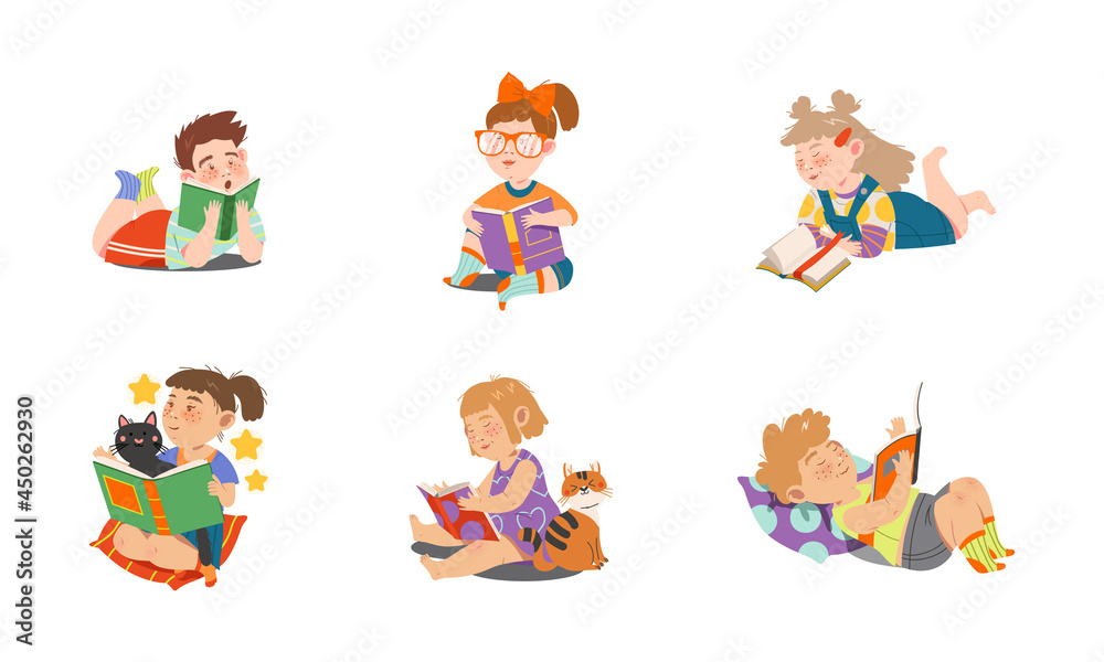 Interested Kids Sitting and Lying with Open Book and Reading Vector Set Interested Kids Sitting and Lying with Open Book and Reading Vector Set