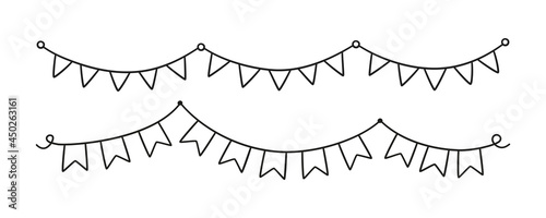 Set of hand drawn holiday buntings. Doodle birthday garland of flags. Children doodle drawing. Isolated vector illustration on white background.