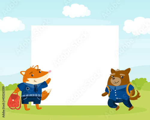 Blank Square Space with Funny Animals in Blue School Uniform with School Back Vector Template