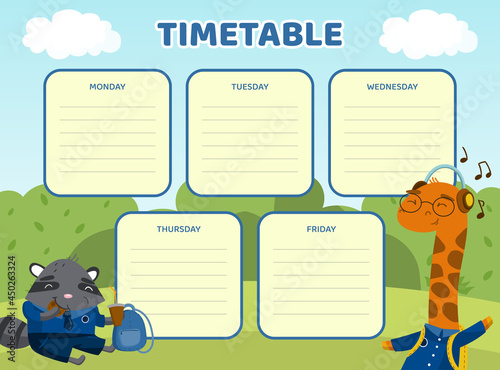 Timetable with Funny Animals in Blue School Uniform with School Back Vector Template