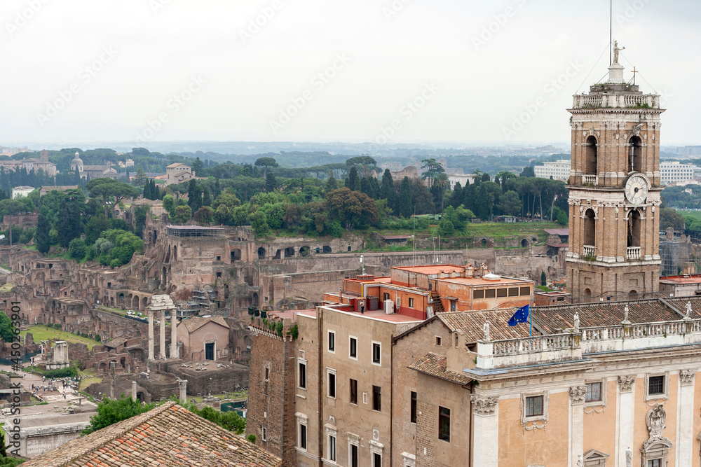 The ruins of the Roman Forum in Rome with the Palazzo Senatorio