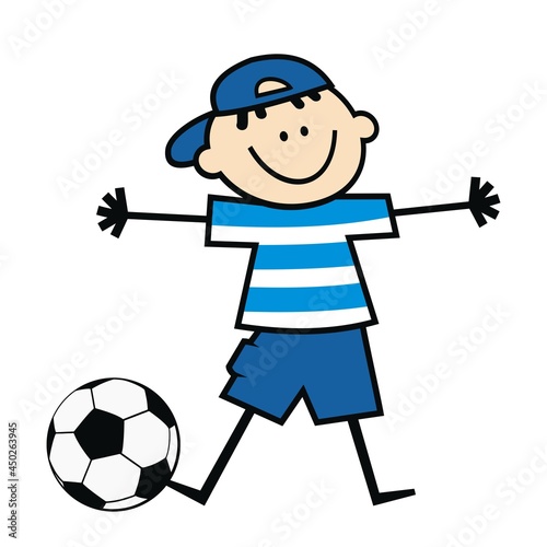 Football player, boy and soccer ball, vector illustration, blue dress