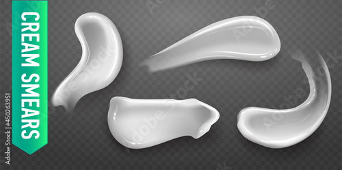 Set of realistic cosmetic cream smears. Skincare product of different body colors. Lotion smooth smear isolated vector texture on transparent background.