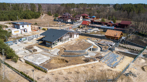 Aerial view of construction of a country house