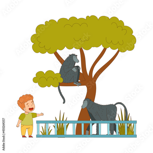 Happy Little Boy Looking at Monkey Behind Enclosure at Zoo Vector Illustration