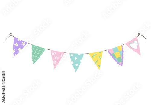 Hand drawn colorful birthday flags for decoration. Doodle style fabric party garland. Vector illustration of carnival or festival element. Kids birthday celebration, clipart design
