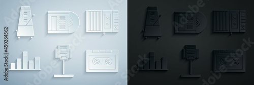 Set Music stand, tape player, equalizer, Retro audio cassette, Vinyl disk and Metronome with pendulum motion icon. Vector