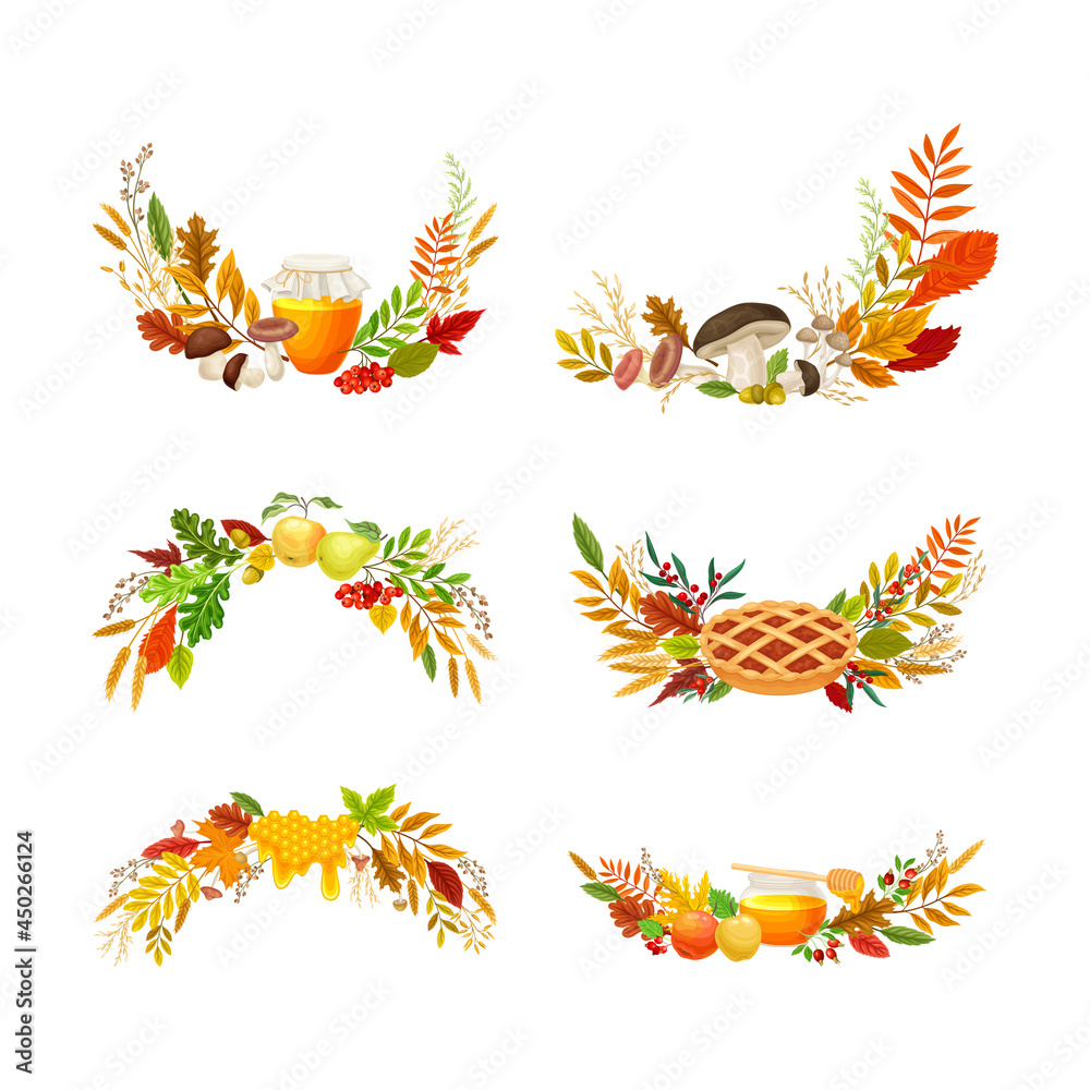 Autumn Foliage with Pumpkin and Colorful Leaves and Mushroom Vector Composition Set Autumn Foliage with Pumpkin and Colorful Leaves and Mushroom Vector Composition Set