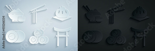 Set Sushi, Khinkali on cutting board, Japan Gate, Asian noodles and chopsticks and Rice bowl with icon. Vector
