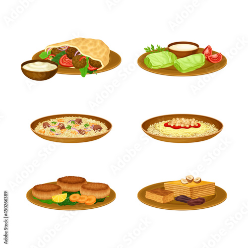 Egyptian Food and Dishes with Dolma and Falafel with Kofta Vector Set
