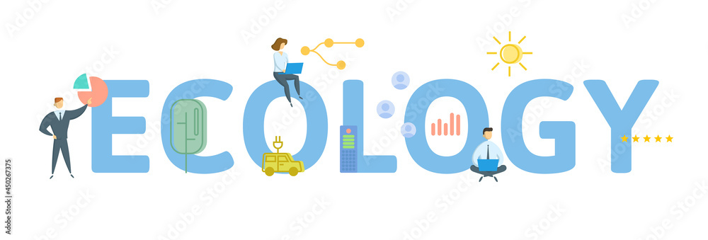 Fototapeta premium Ecology. Concept with keyword, people and icons. Flat vector illustration. Isolated on white.