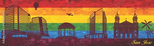 San Jose on LGBT flag background - illustration, 
Town in Rainbow background, 
Vector city skyline silhouette