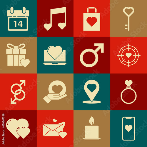 Set Mobile phone with heart, Wedding rings, Heart the center of darts target aim, Shopping bag, Laptop, Gift box and, Calendar February 14 and Male gender symbol icon. Vector