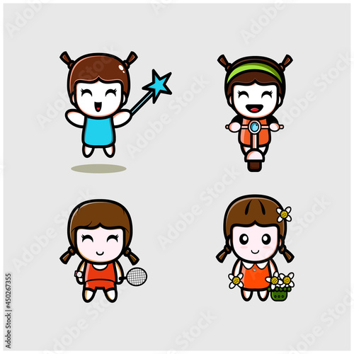 illustration vector graphic of girls playing scooters watering flowers and good sports for schoolchildren education