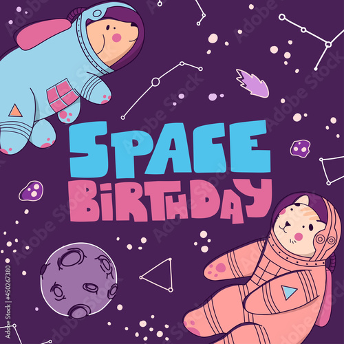 Modern cartoon gift card with space birthday for concept design. Holiday vector background.