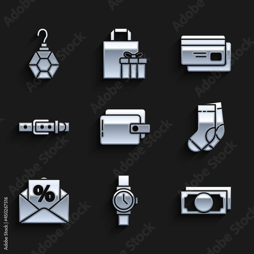 Set Wallet, Wrist watch, Stacks paper money cash, Socks, Envelope with an interest discount, Leather belt, Credit card and Earring icon. Vector