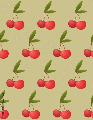 Seamless pattern with ripe realistic red cherries on green background. Stock illustration for background, wallpaper, textile, scrapbooking, wrapping paper.