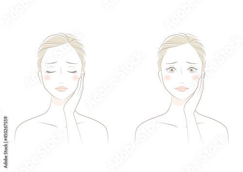 頬に手を当てる困り顔の女性