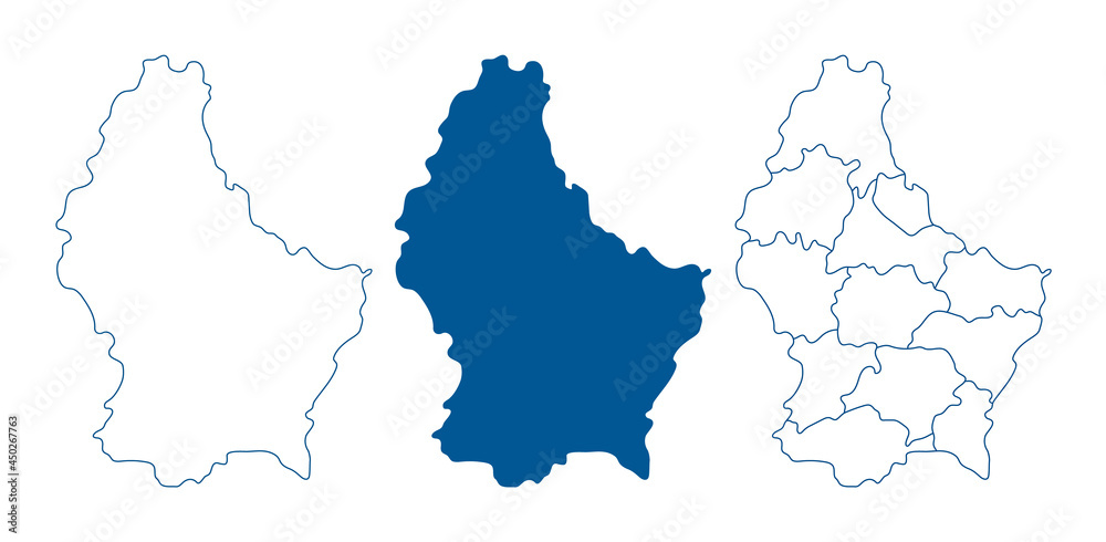 Luxembourg map vector. High detailed vector outline, blue silhouette and administrative divisions map of Luxembourg. All isolated on white background. Template for website, design