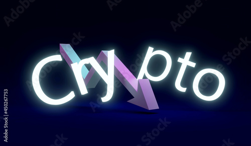 3D Rendering concept of Crypto scam, Decentralized finance, cryptocurrency. text "Crypto" with an arrow pointing down in the middle of the word on background. 3D render. 3D illustration.