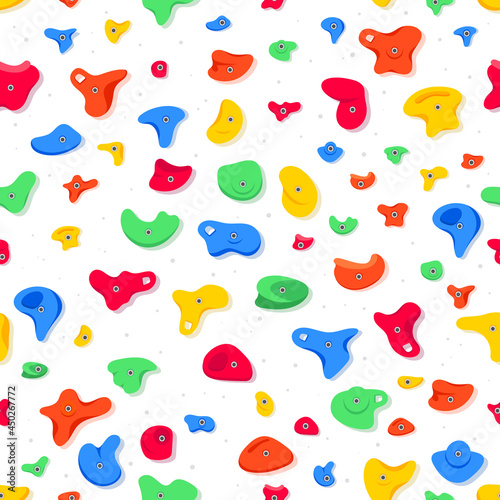 Seamless pattern ofclimbing grips or holds in the gym bouldering training flat style design vector illustration. Holds for the rock climbing walls. Crimps, jugs, pinches, slopers elements icon signs.